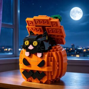 Pumpkin and black cat building blocks front view
