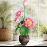 Potted Lotus Leaf and Rose Flower Scene Building Block Set