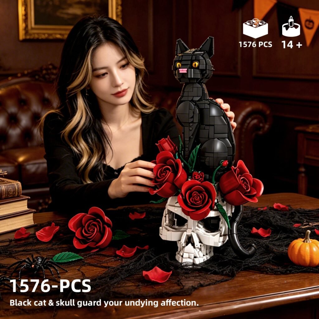 Skull Cat Rose Flower Crow Building Block Set